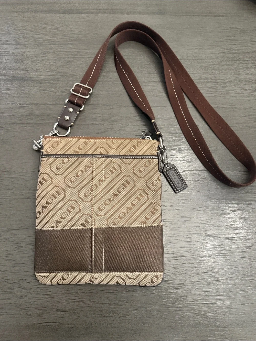 Coach Signature Jacquard North South Swingpack Crossbody Bag Brown Tan